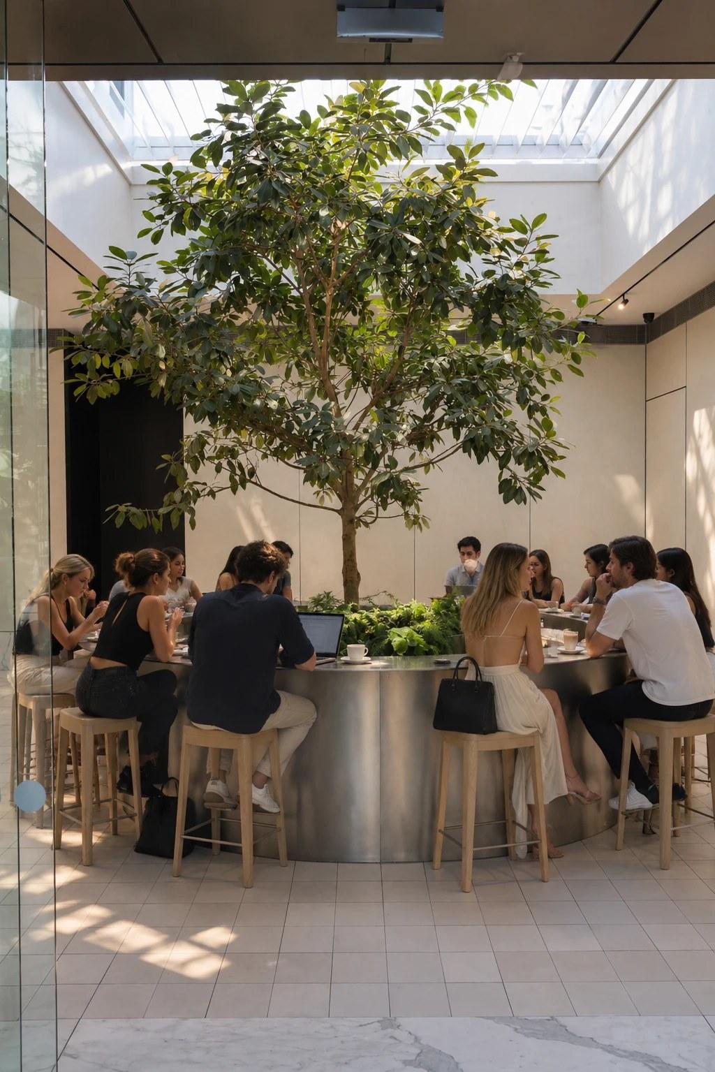 Guests at the round bar beneath the tree in The Observatory atrium