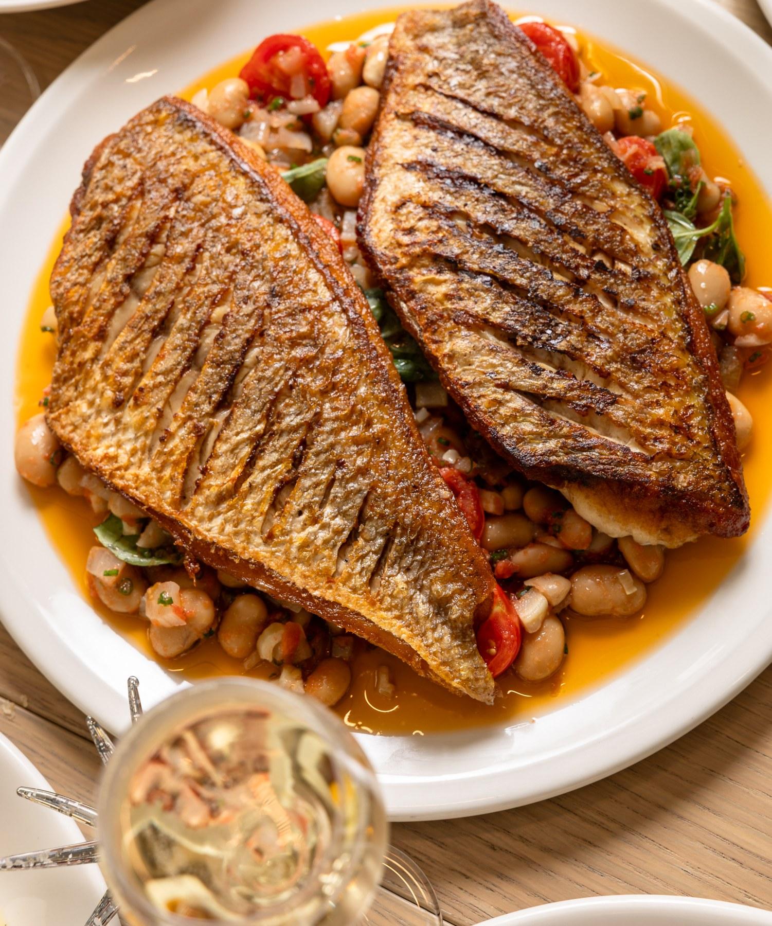 Oven-roasted gold band snapper with butter beans