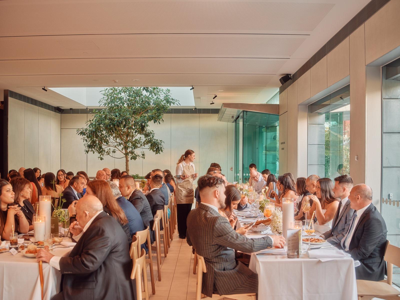 Guests seated for dinner beneath the tree atrium at The Observatory