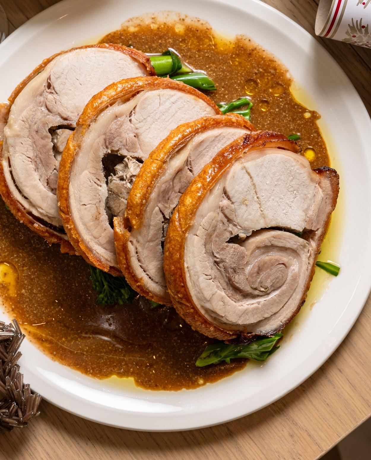 Free-range porchetta with grain mustard jus
