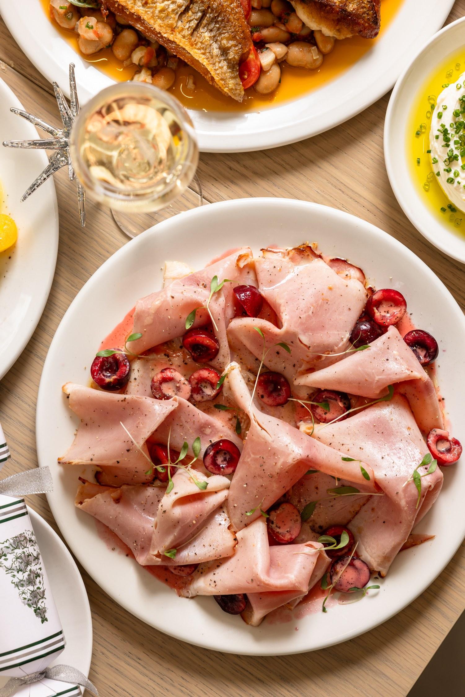 Maple-glazed ham with pickled cherries